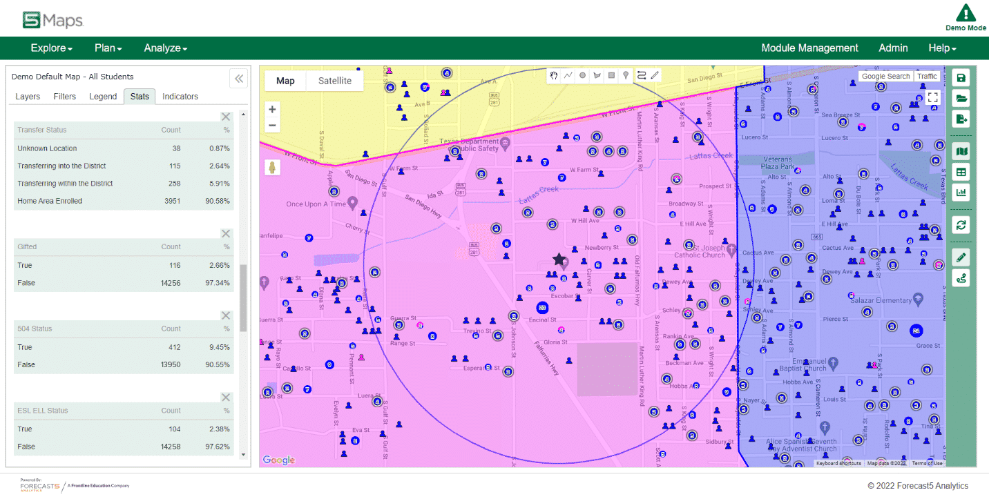 This visual shows demo data of the location of students who meet certain demographic criterion and their home proximity to local community services and their school building