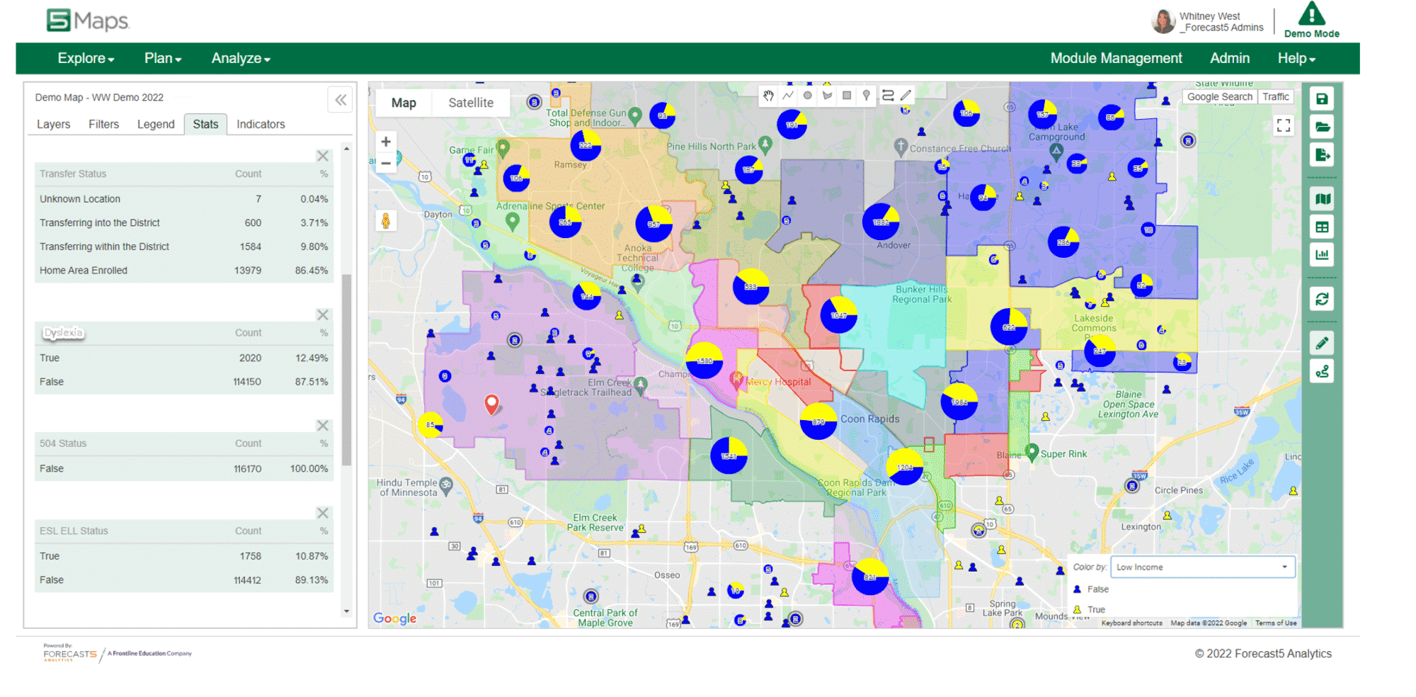 This map represents demo data. The circles represent the concentration (clustering) of all students who live in the area. The yellow portion of the circle represents the percentage of students in that cluster who receive dyslexia services. The shaded colors on the map are the areas where broadband is or is not available